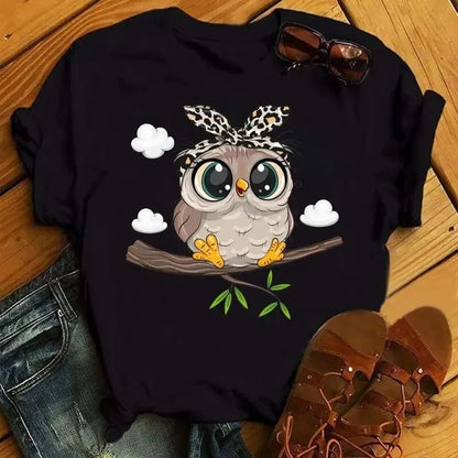 Owl Printed Graphic Tee for Women - Casual Short Sleeve Kawaii T-Shirt