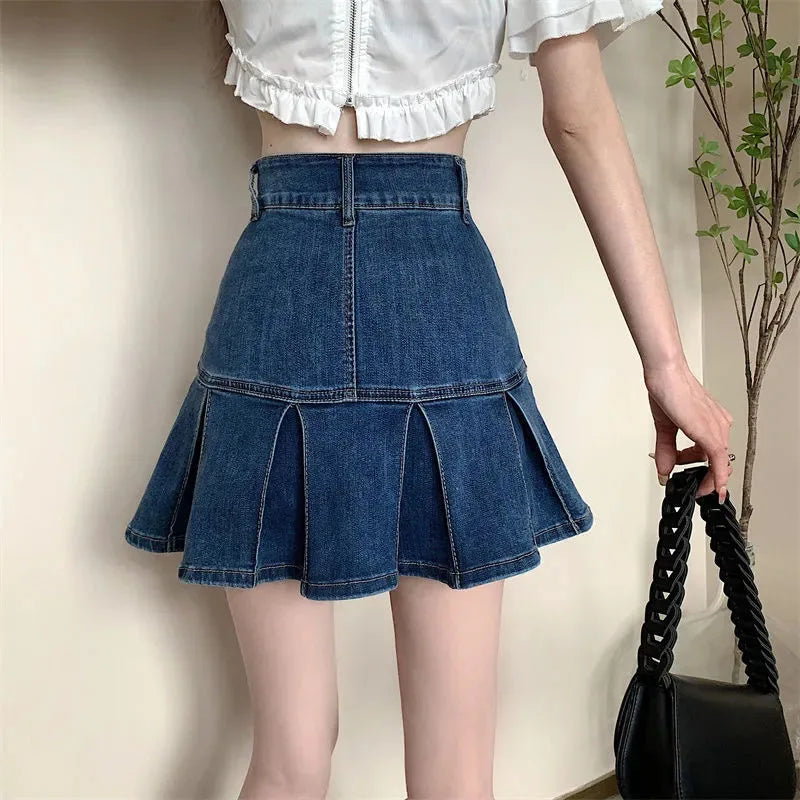 Vintage High Waist Ruffled Blue Denim Pleated Skirt for Women