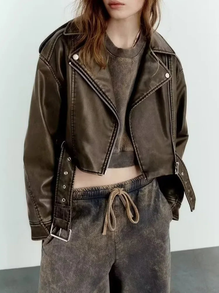 Vintage-Inspired Women’s Loose Faux Leather Short Jacket with Belt and Zipper