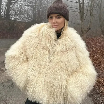 Womens Stylish Faux Fur Coat with Turn-Down Collar