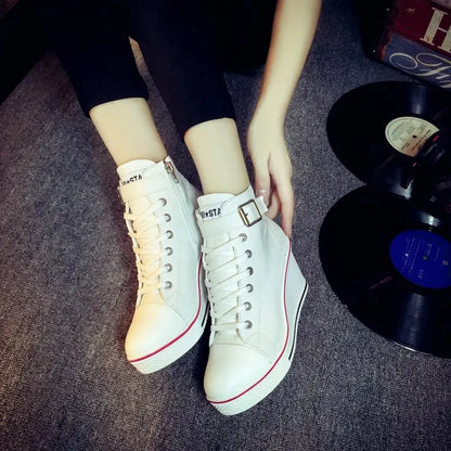 Women's Denim Wedge Sneakers - Lace-Up Ankle Canvas Shoes with 8cm Heels