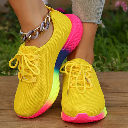 Rainbow Sole Women's Sneakers  - Breathable Mesh Platform Sports Shoes - Non-Slip Lace-Up Design