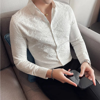 Elegant Vintage Jacquard Long Sleeve Fitted Shirt - Various Colors