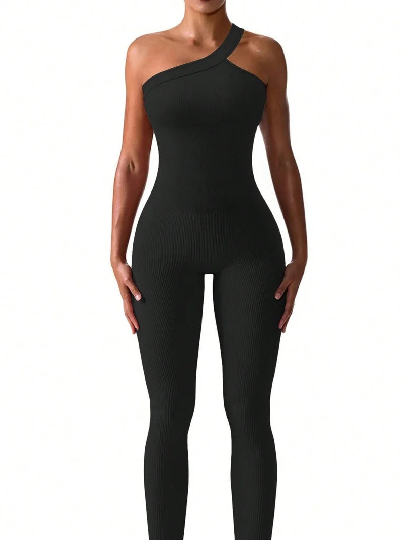 Women's One-Shoulder Ribbed Yoga Jumpsuit – Stylish Activewear