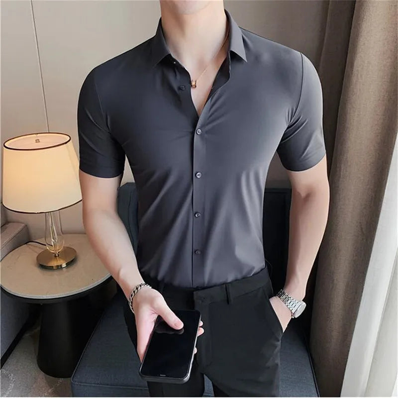 Slim-Fit Seamless Short Sleeve Shirts for Men - High Elasticity Casual Wear