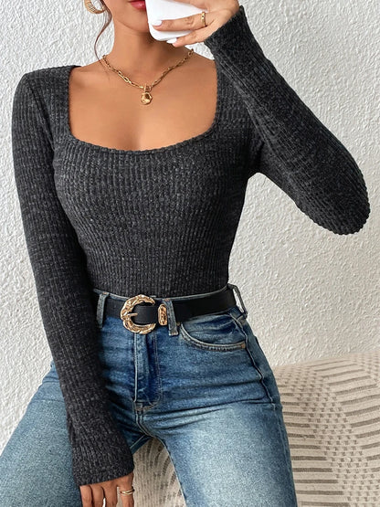 Vintage-Inspired Women's Square Neck Knit Top - Casual Slim-Fit Solid Knitwear