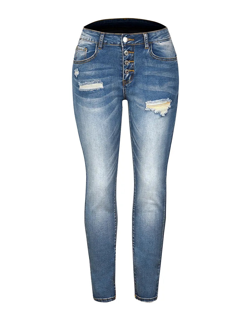 Women's High Stretch Slim Fit Ripped Mid Waist Denim Jeans