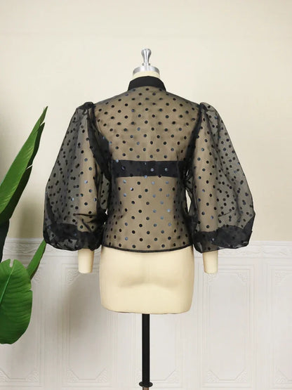 Womens Tulle Blouse - Polka Dots Print Button