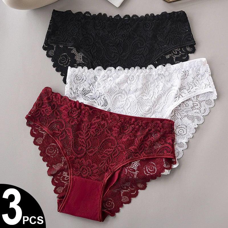 3-Piece Luxury Floral Lace Embroidery Briefs Set for Women - Sensual Hollow Lingerie & Breathable Underwear