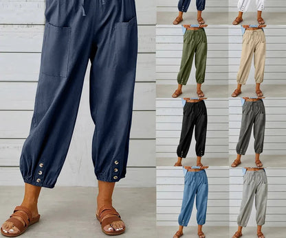 Women's Cotton Linen Loose Straight Leg Pants with Elastic Waist - Various Colors