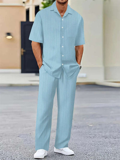 Men's Two-Piece Classic Button-Up Shirt and Loose-Fit Pants Set.