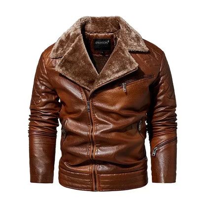 Men's Faux Leather Jacket with Fleece Fur Collar - Various Colors