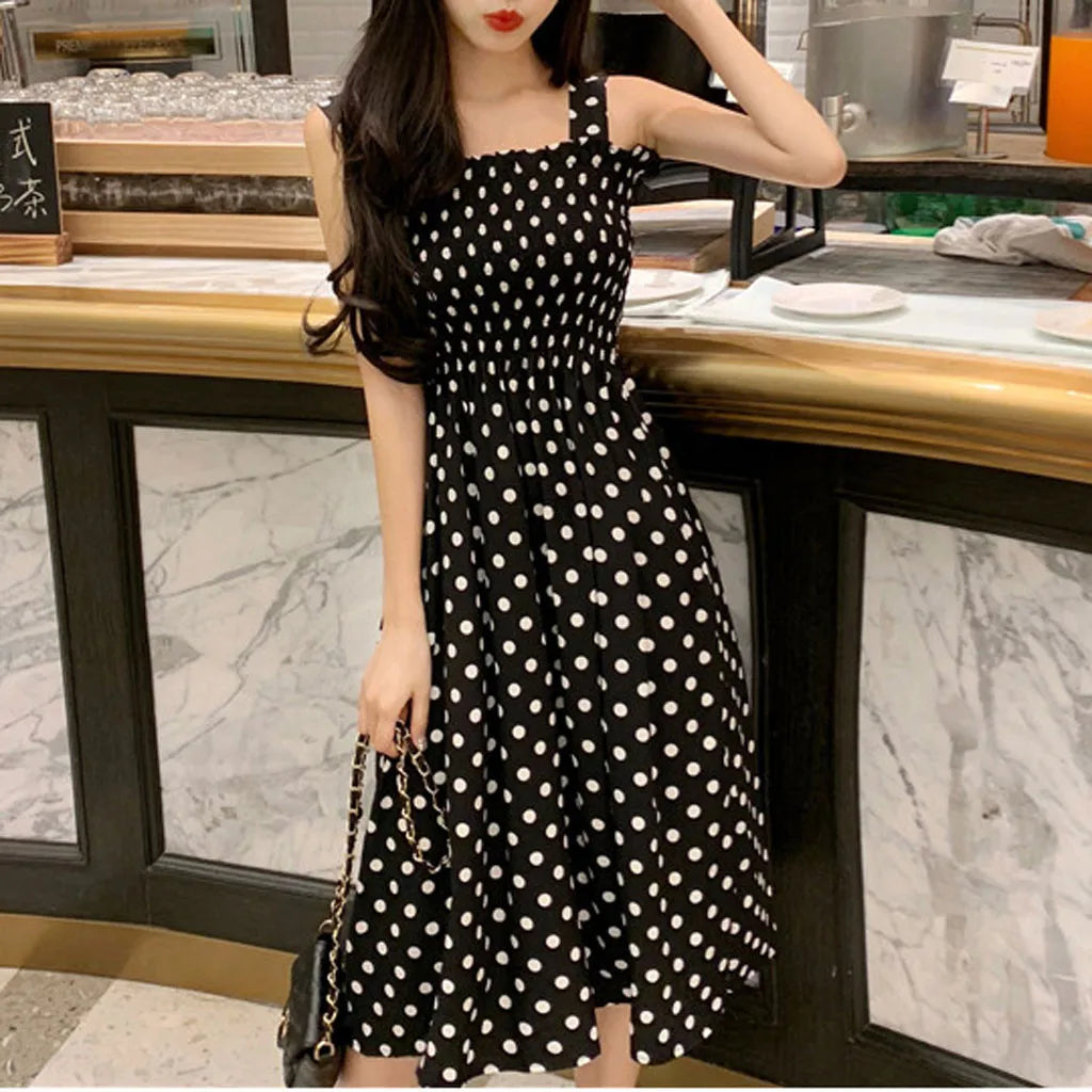 Casual Sleeveless Loose Polka Dot Shoulder Dresses for Women