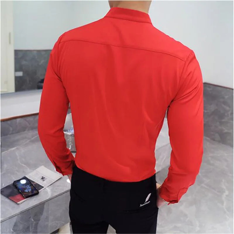 Slim Fit Long Sleeve Stand Collar Shirt for Men - Various Colors