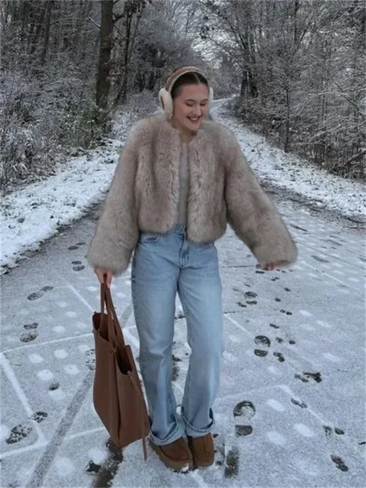 Elegant Women's Long Sleeve Loose Thick Faux Fur Coat