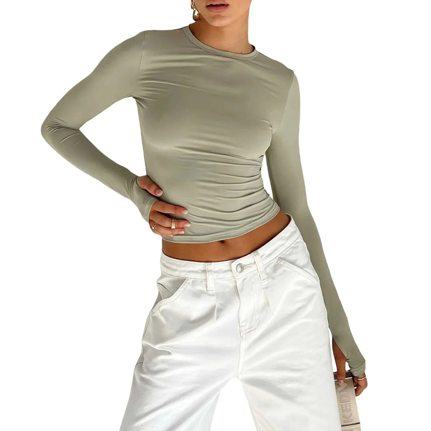 Women's Long Sleeve Slim Fit Top with Thumb Holes - Various Colors