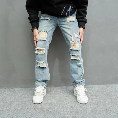 Men's Ripped Straight Jeans - Stylish Casual Denim Streetwear