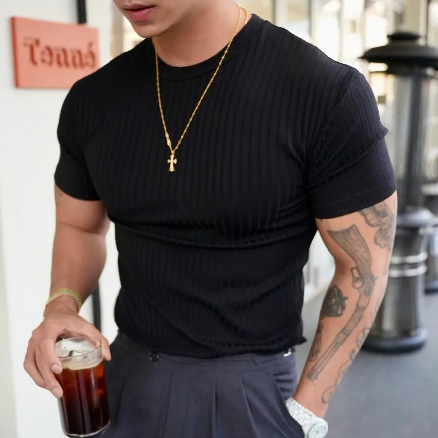 Men's Muscle Fit Vertical Stripe Short Sleeve T-Shirt with Round Neck Elastic Design