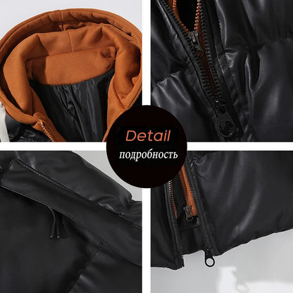 Men's Thick Hooded PU Leather Casual Puffer Jacket