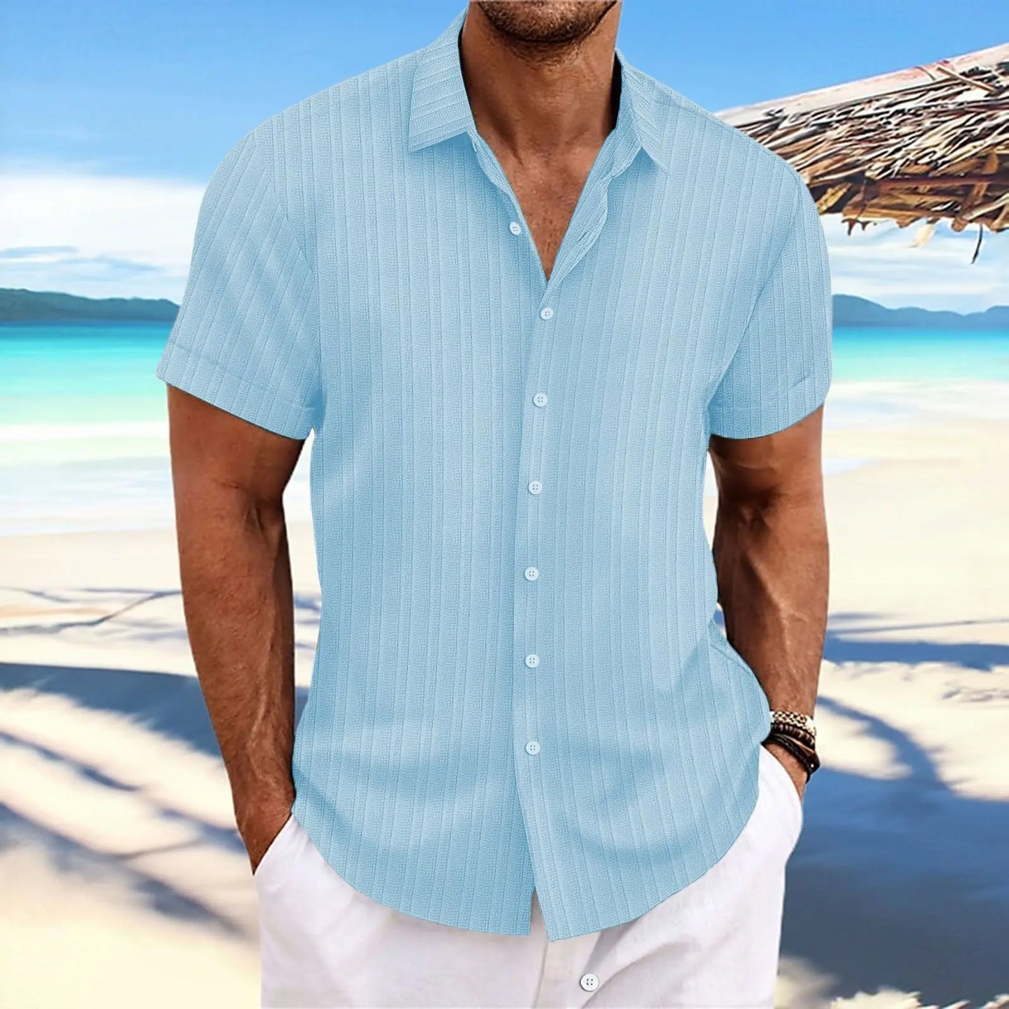 Men's Short-Sleeved Button-Up Shirt with Jacquard Wave Stripe Design