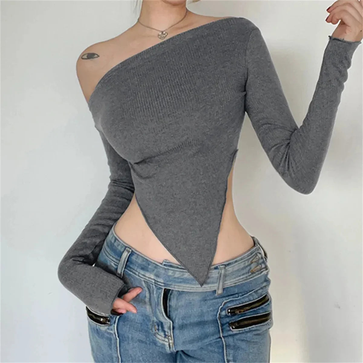 Women's Rib-Knit Long Sleeve Asymmetrical Top - Slim Fit