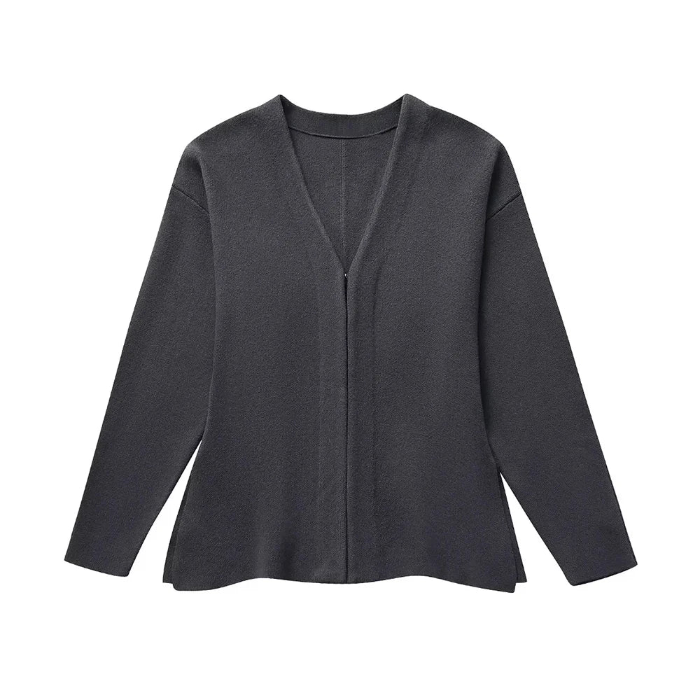 Women's V-Neck Fitted Knit Cardigan with Front Hook, Long Sleeves, and Side Split Hem