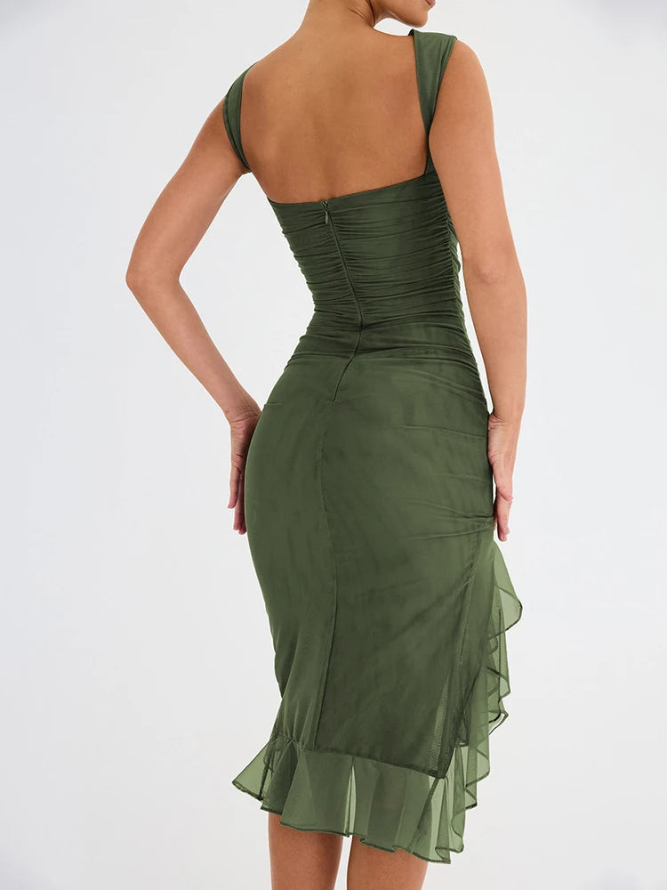 Backless Sleeveless Midi Dress with Elegant Ruffle and Ruched Design for Women