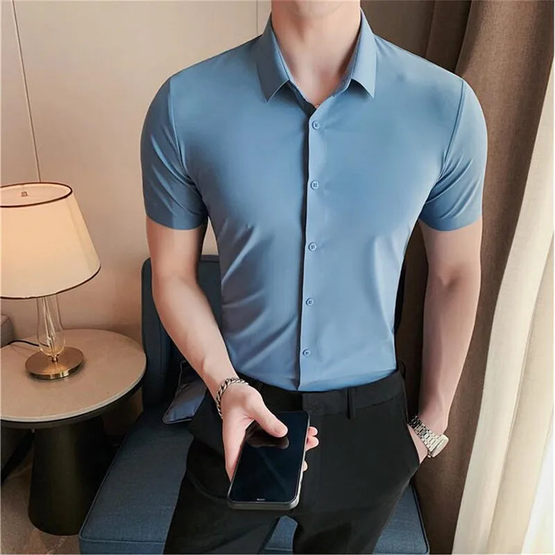 Slim-Fit Seamless Short Sleeve Shirts for Men - High Elasticity Casual Wear