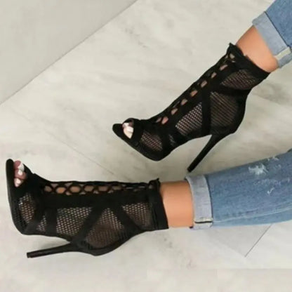 Womens Lace-up Hollow Mesh Heels with Belt Buckle-Various Colors