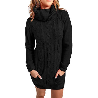 Women's High Neck Long Knitted Sweater Dress - Various Colors