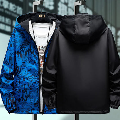 Men's Reversible Graffiti Print Hooded Jacket