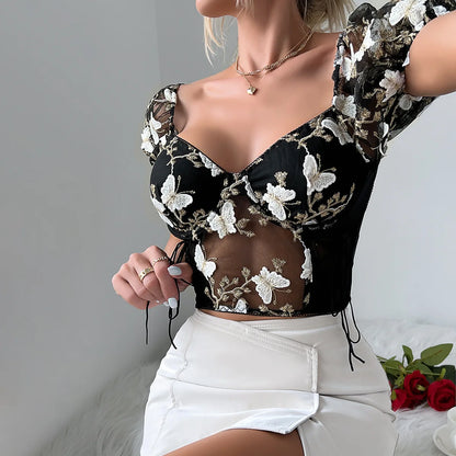 Floral Mesh Short Sleeve Blouse for Women - Various Colors