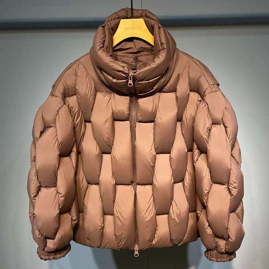 Unisex Thick Parka Jacket: Square Weave High Collar Warm Puffer Coat