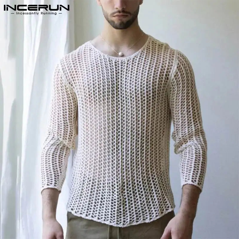 INCERUN Men's Mesh Long Sleeve Transparent Sweater