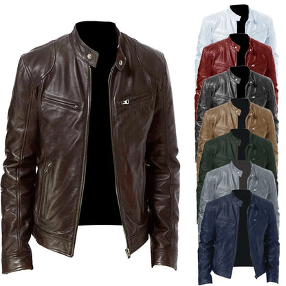 Men's Slim Fit Faux Leather Motorcycle Jacket - Short Lapel PU Coat with Zipper