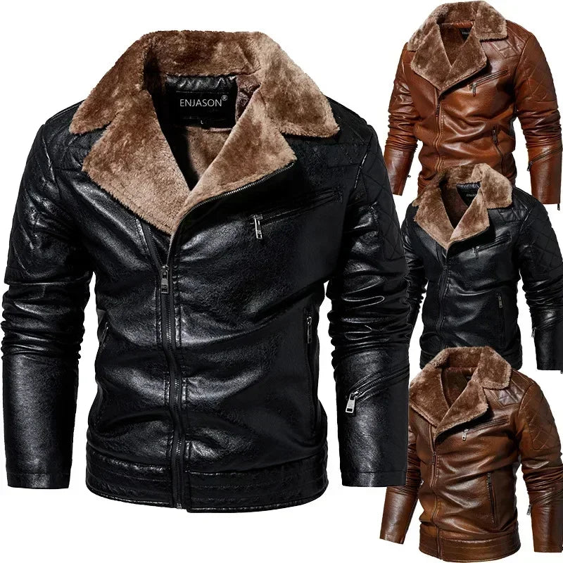 Men's Faux Leather Jacket with Fleece Fur Collar