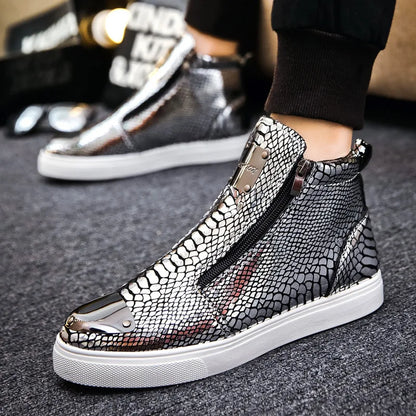 Men's High Top Glitter Faux Leather Sneakers with Zipper