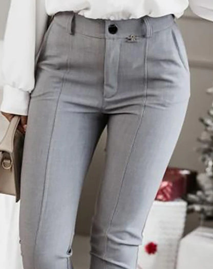 Elegant High-Waisted Women's Pants with Piping and Button Cuffs