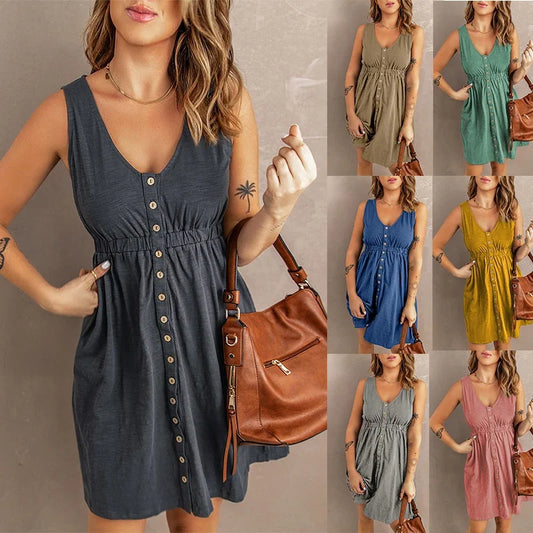 Womens  Sleeveless Buttoned Down Dress - Various Colors