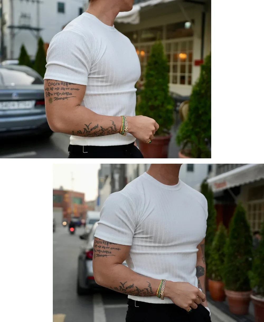 Men's Muscle Fit Vertical Stripe Short Sleeve T-Shirt with Round Neck Elastic Design