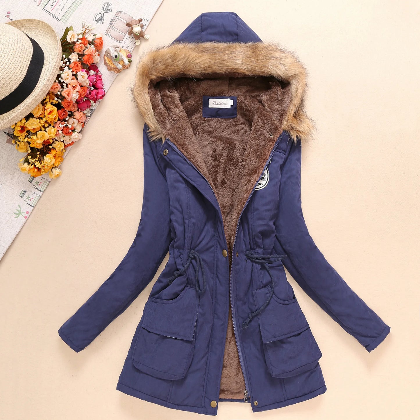 Women's Cotton Padded Hooded Parka Jacket with Embroidery - Various Colors