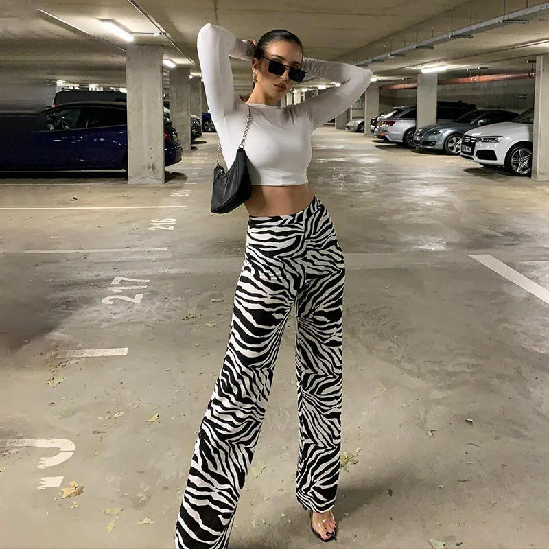 Zebra Print Wide-Leg Trousers - High-Waisted Casual Pants for Women