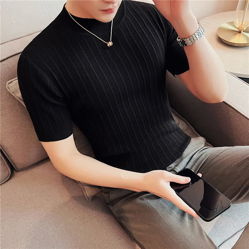 Men's Short Sleeve Slim Fit Knitted Elastic T-Shirt - Various Colors