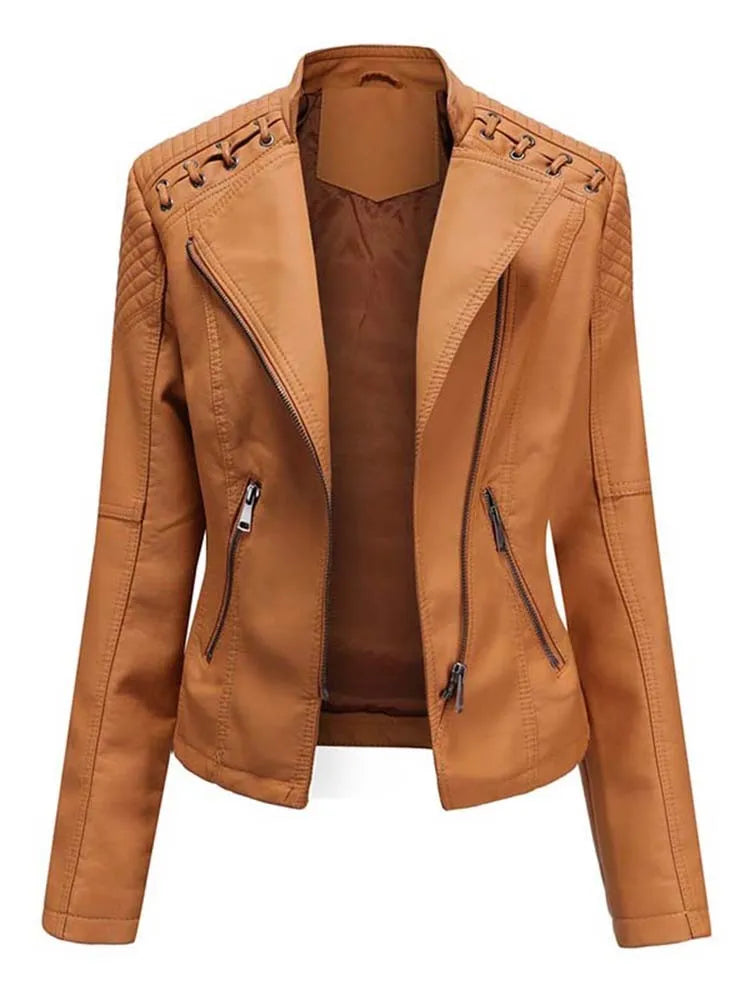 Women's Slim Fit Zipper Faux Leather Jacket - Various Colors