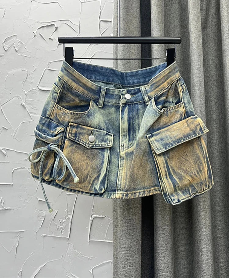 Women's Patchwork Mini Denim Skirt with Multiple Pockets and Lace-Up Detail