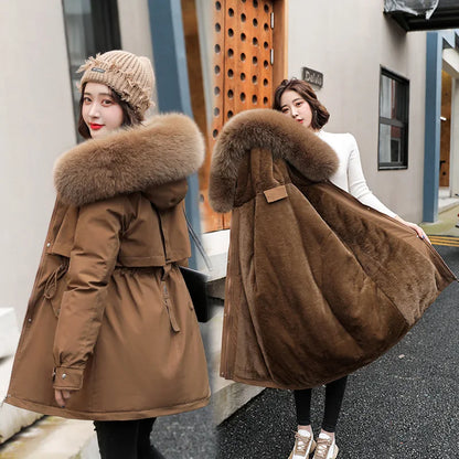 Women's Slim Fit Long Wool Hooded Parka with Faux Fur Collar