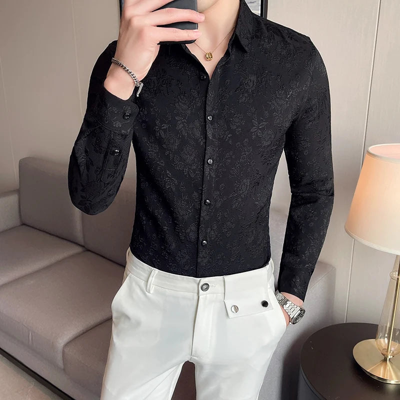 Elegant Vintage Jacquard Long Sleeve Fitted Shirt - Various Colors