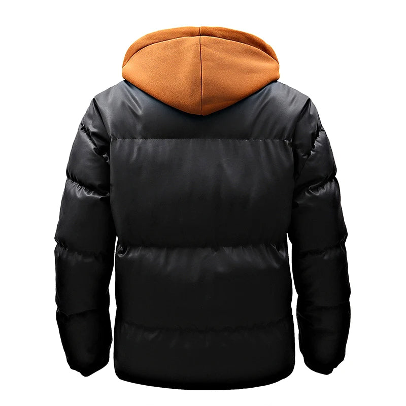 Men's Thick Hooded PU Leather Casual Puffer Jacket