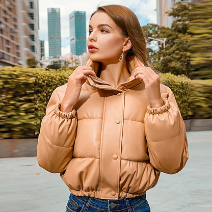 Women's Short PU Leather Parka -  Cotton Padded Down Jacket