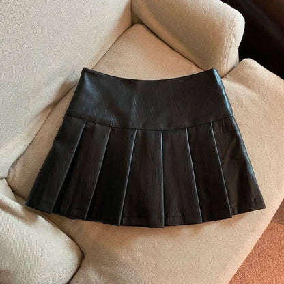 Vintage High Waist Faux Leather Pleated Mini Skirt for Women - Slim Fit